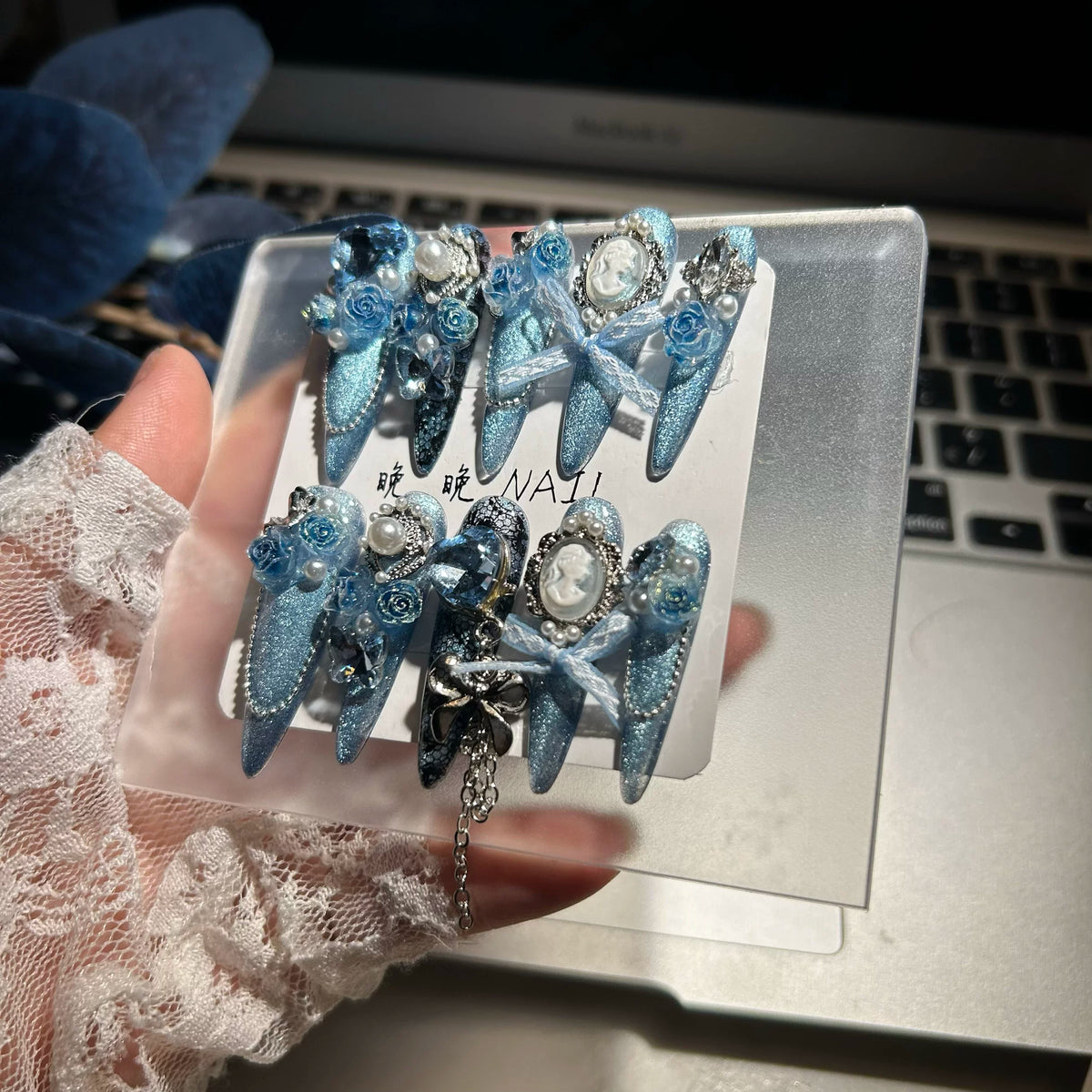 Original nail art heavy industry handmade wearable blue rose pure handmade wearable nails luxurious niche cat eye