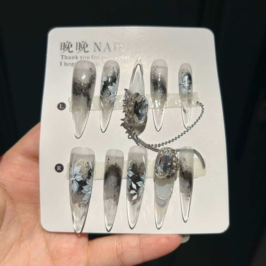 Purely handmade armor hand-painted smudged classy dongzhou diamond-like manicure patch finished fake nails whitening