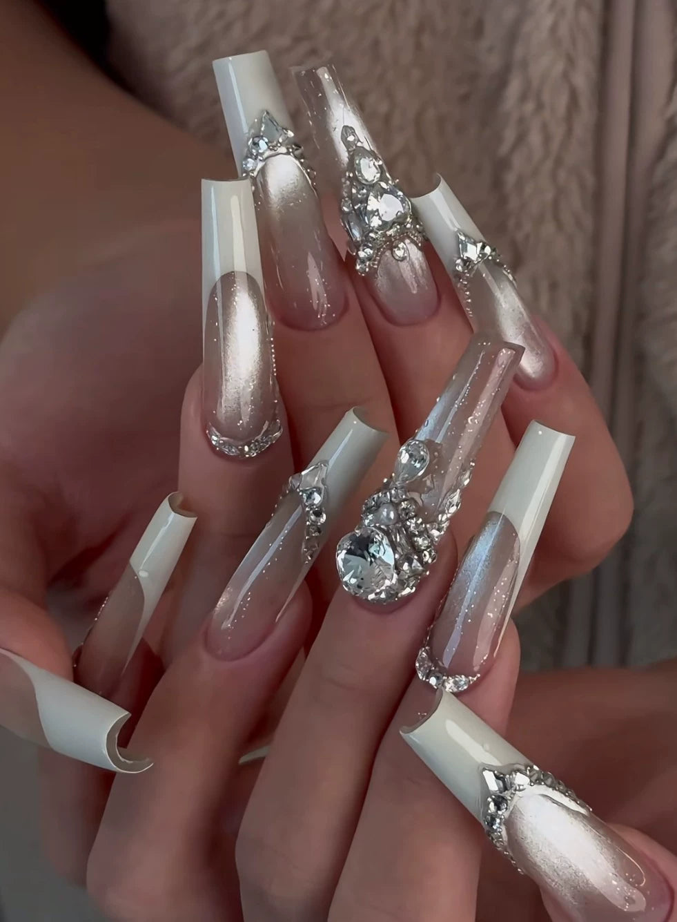 Luxurious and rich cream french diamond manicure elegant wedding nails sparkling cat eye diamond manicure pure handmade personalized wear nail