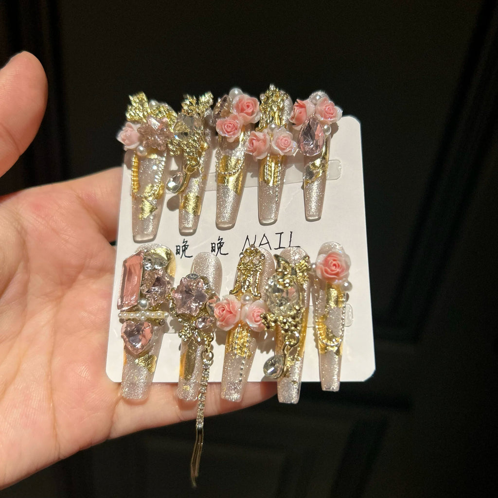 Pink girl original gold foil rose wearing nails cat eye butterfly rose white fairy long ladder