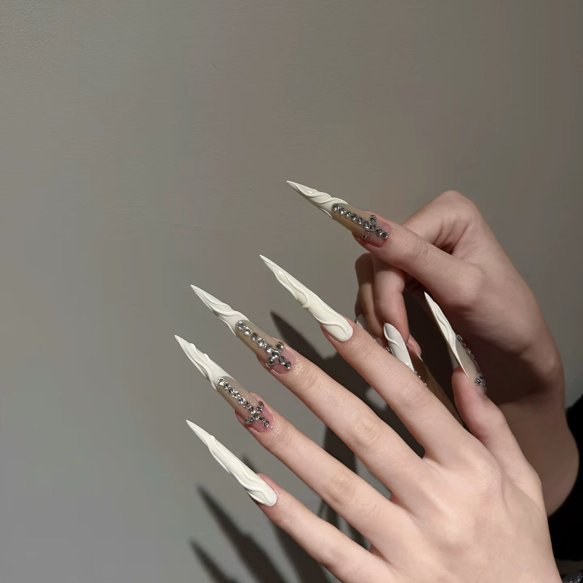 Handmade custom irregular water ripple hot girl pointed tip press-on nails with cross and crushed diamond accents - luxurious and flattering