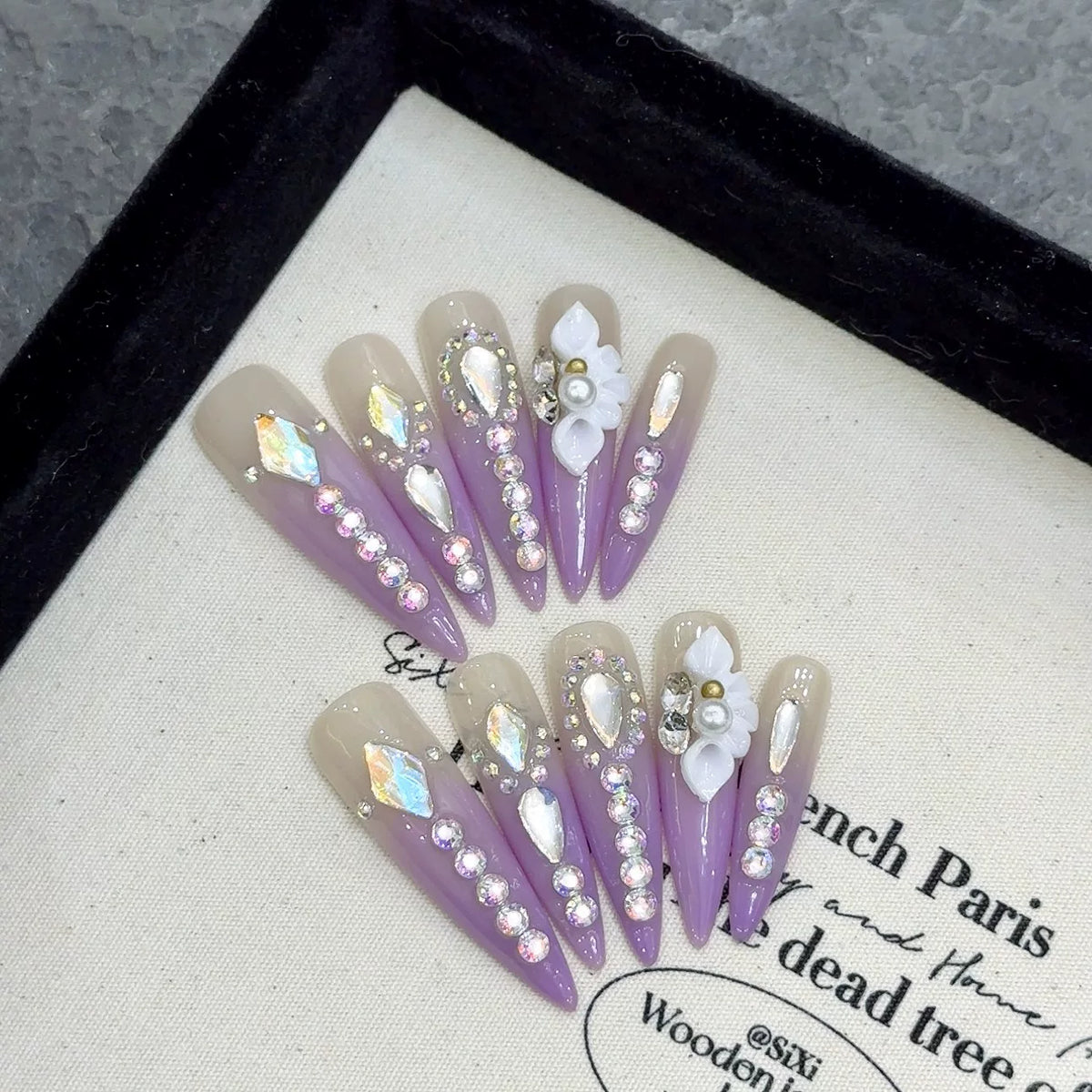 Handmade press-on nails, full diamond floral design, irregular shaped rhinestones, extra long length, whitening effect, high-end manicure, nail stickers