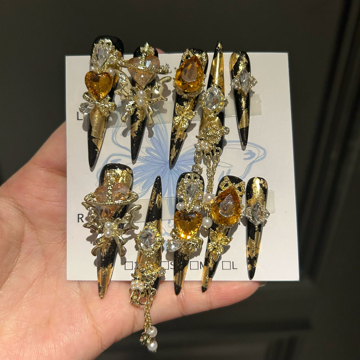 Gold 5.0 handmade press-on nails, premium luxury nail art, extra-long handcrafted nail extensions