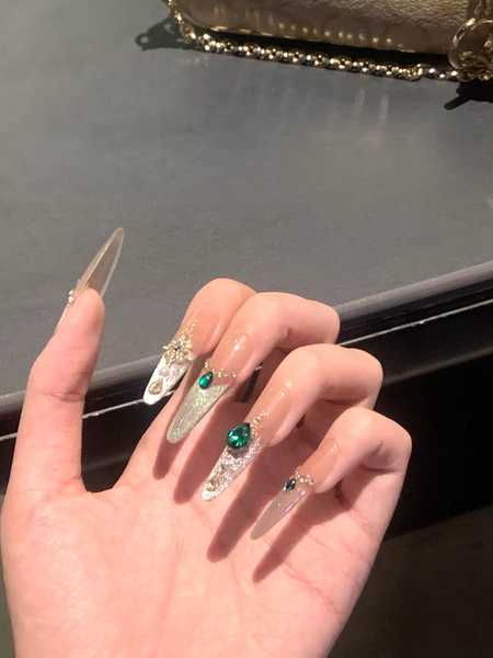 Handmade press-on nails - summer mid-length cat eye, luxe retro, elegant, and flattering white gel nail tips