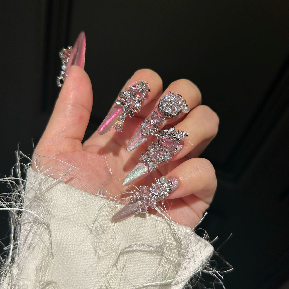Magic mirror cat eye pure handmade wearable nails heavy industry diamond full hand full zircon luxury handmade manicure