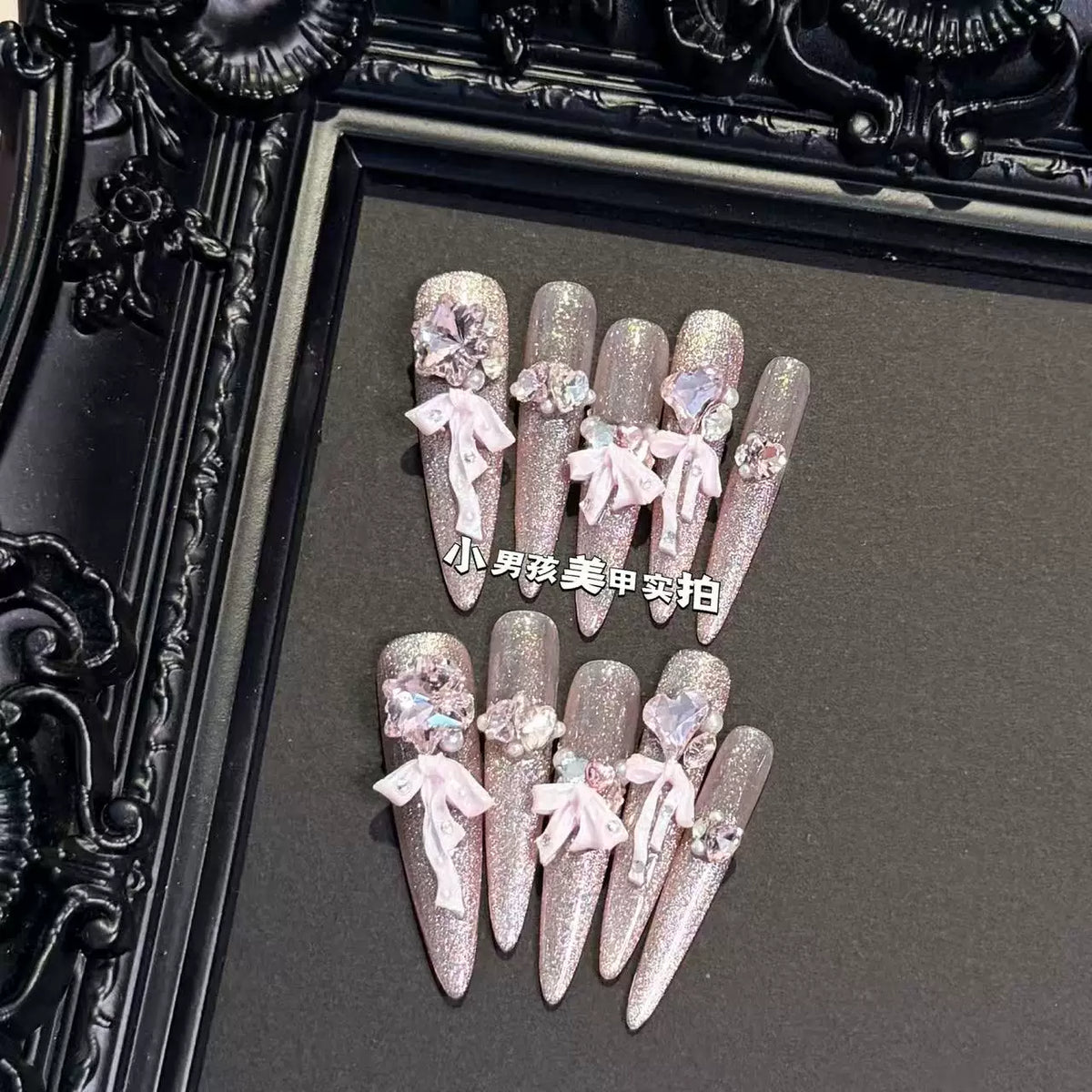 Pink Diamond Pearlescent Bow Luxury Premium Cat's Eye Nail Art Handmade Wear Nail Removable Patch