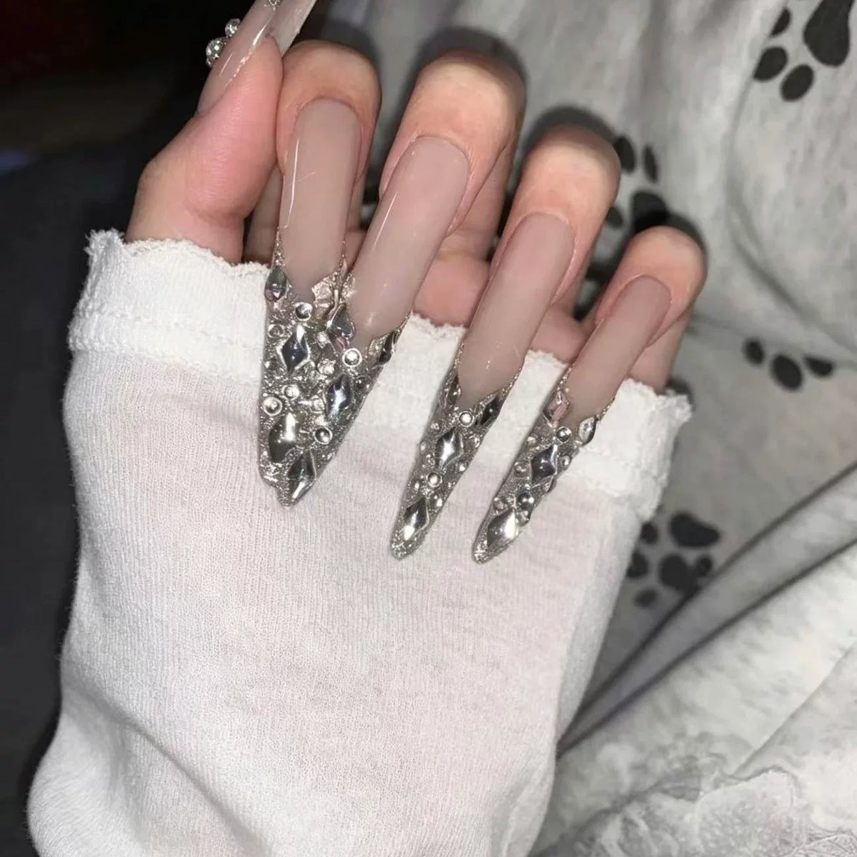 Pure handmade full-diamond French daughter gold flash nails removable wedding nail light luxury whitening advanced nail art wearing temperament