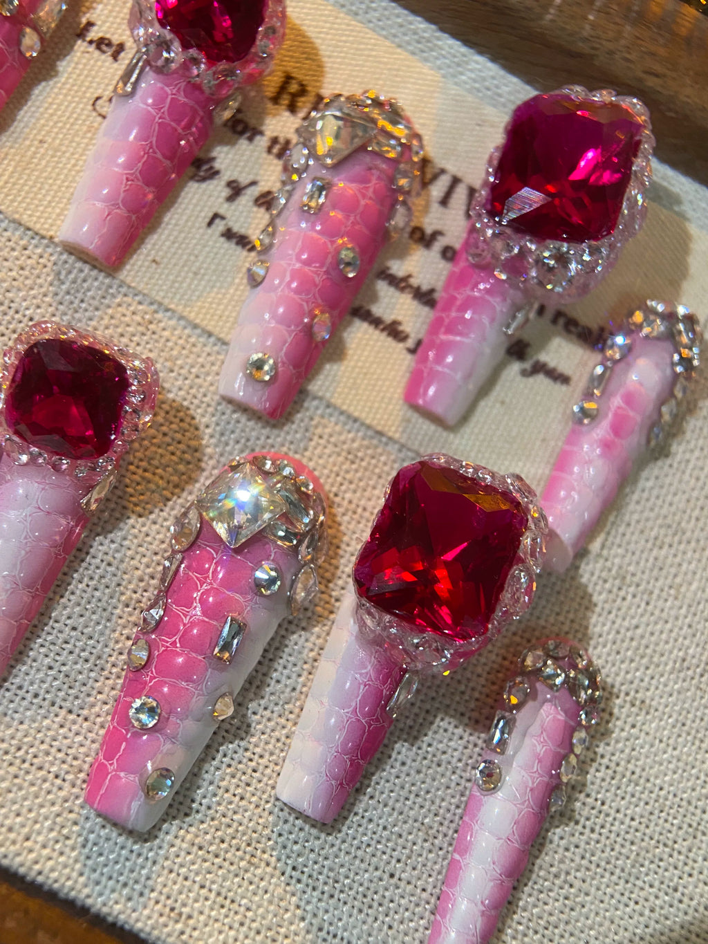 Crocodile pattern light luxury zircon diamond high-end handmade wearable nails personalized detachable nails manicure bridal nails