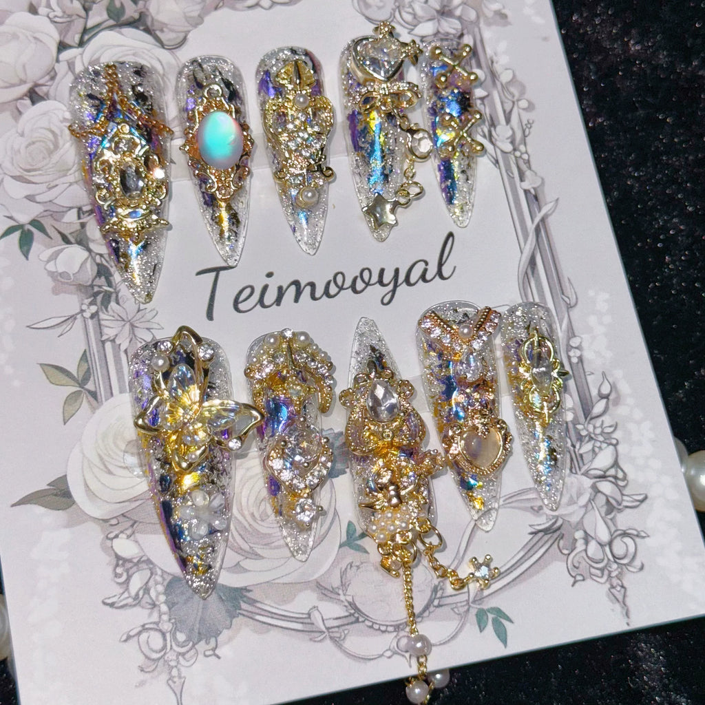 Real shot golden Miaojiang flash diamond temperament manicure baroque transparent wearing armor