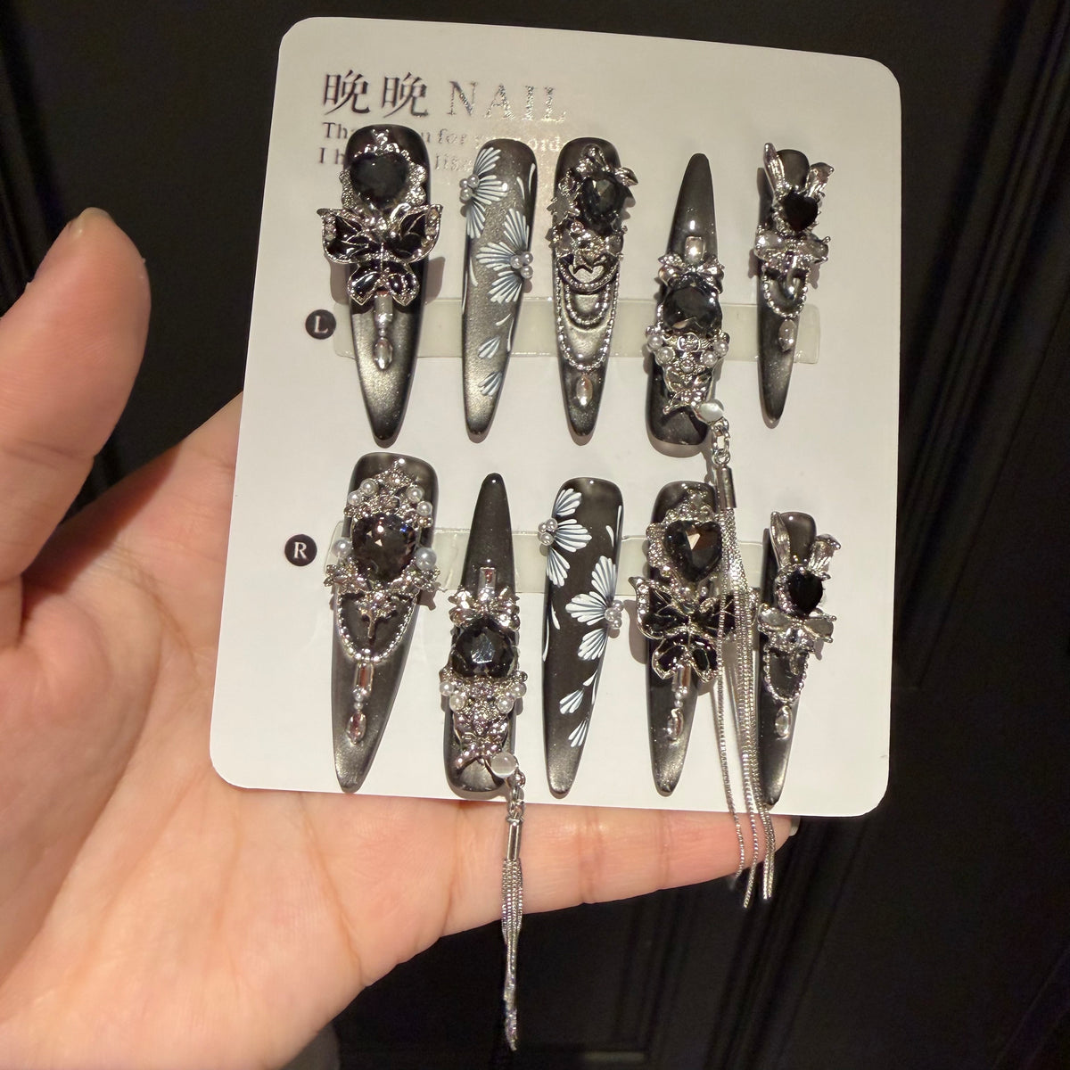 Handmade press-on cat eye nail art, long european and american style, heavily detailed dark goth press-on nails