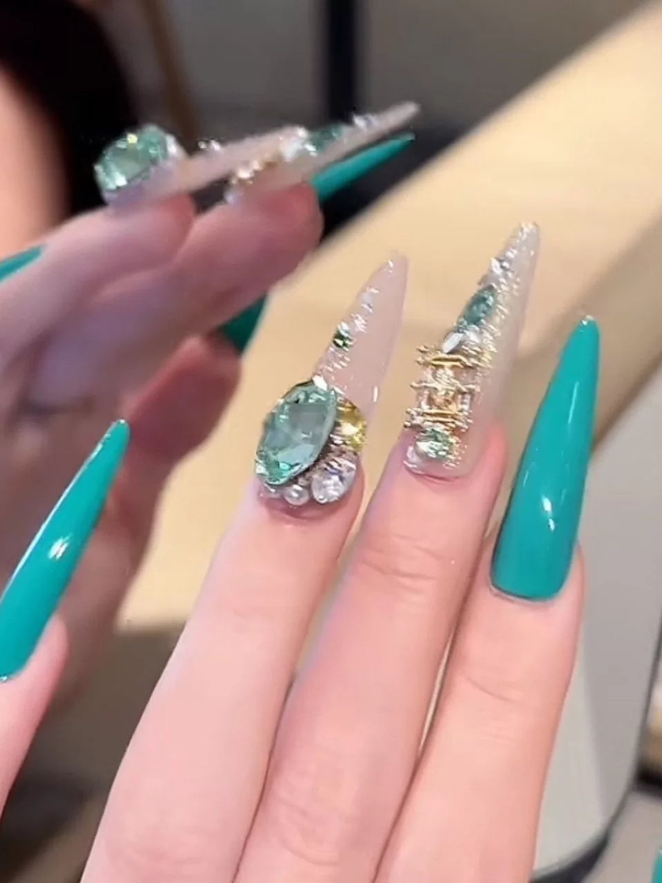 Handmade press-on nails - peacock blue with rhinestone accents, gentle & flattering, removable nail stickers, long length, elegant & luxurious