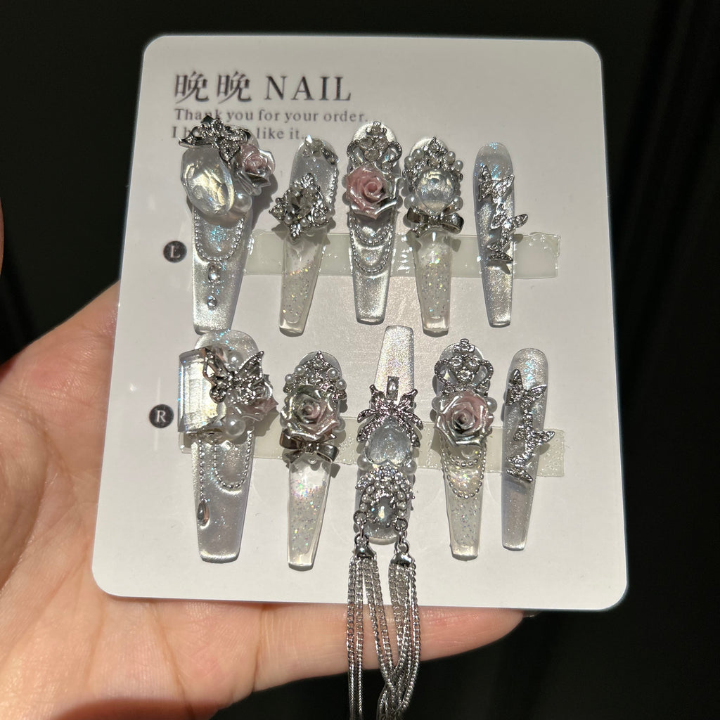 Handmade press-on nails with glitter sand effect, whitening, new high-end cat eye design