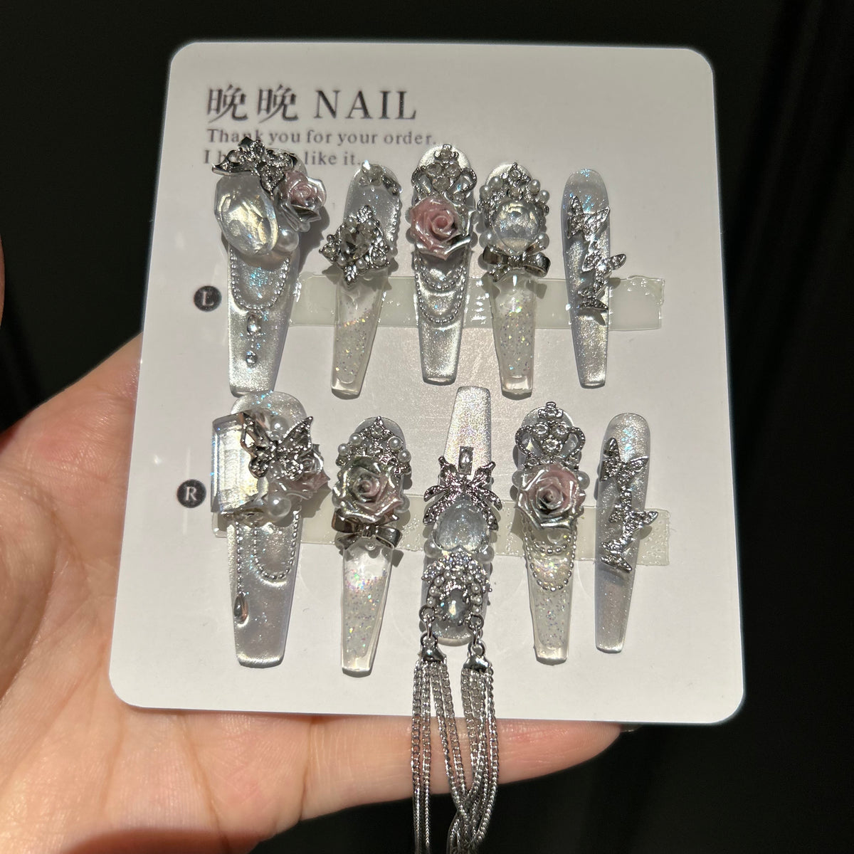 Handmade press-on nails with glitter sand effect, whitening, new high-end cat eye design