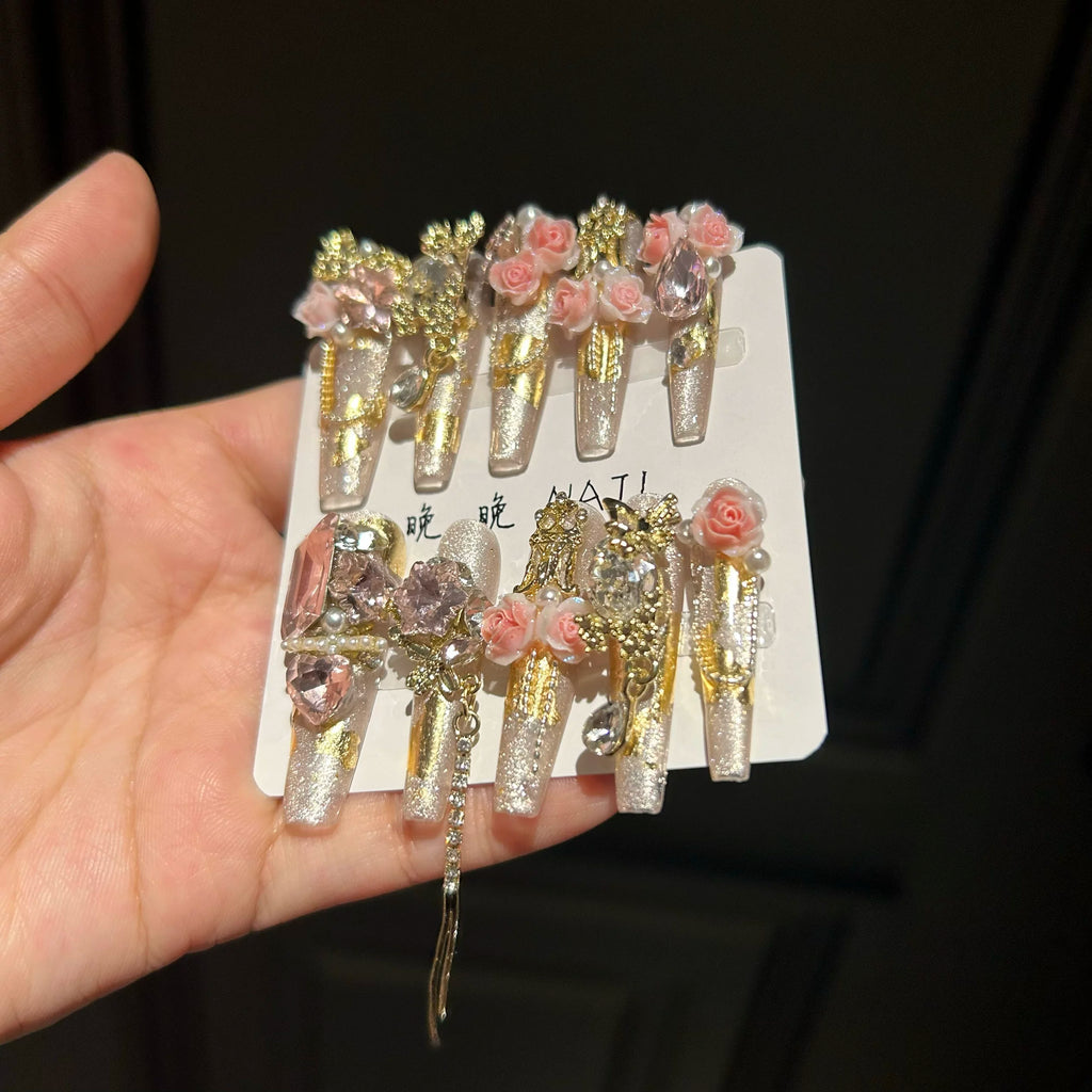 Pink girl original gold foil rose wearing nails cat eye butterfly rose white fairy long ladder