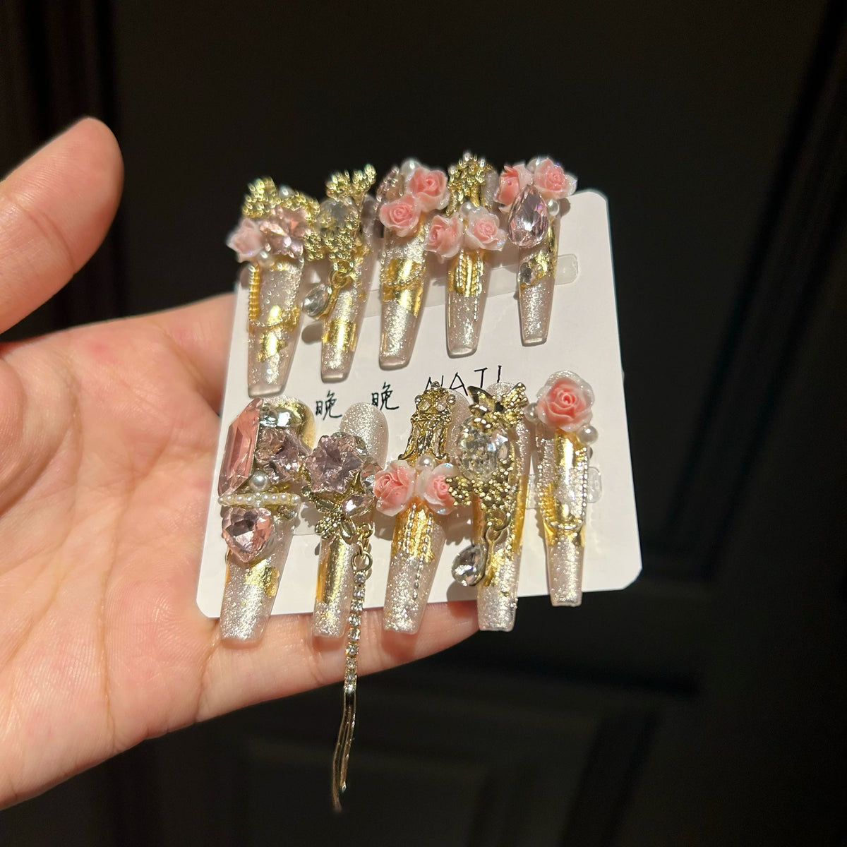 Pink girl original gold foil rose wearing nails cat eye butterfly rose white fairy long ladder