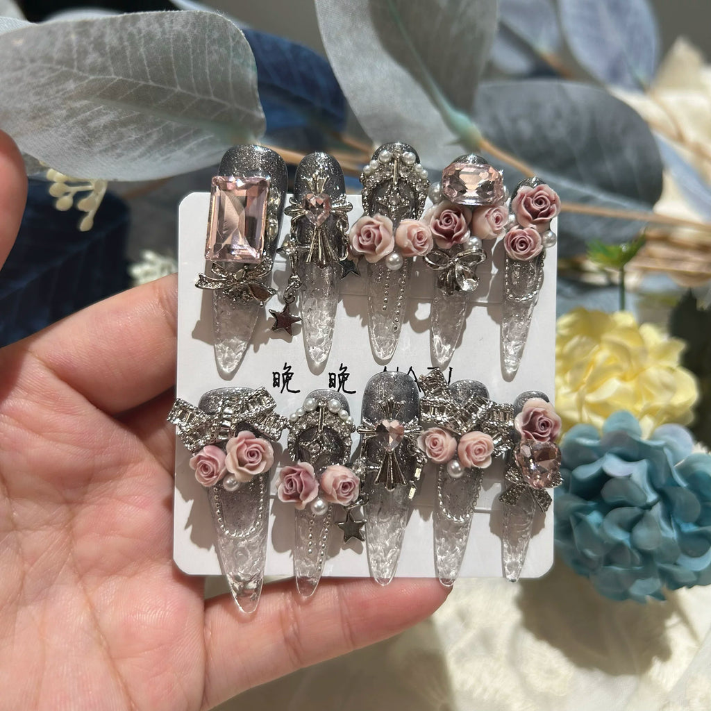 Handmade press-on nails: premium rose & rhinestone nail art, ready-to-wear, removable, crystal glaze finish