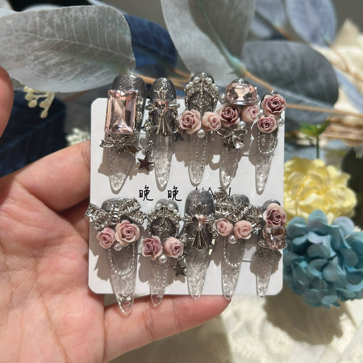 Handmade press-on nails: premium rose & rhinestone nail art, ready-to-wear, removable, crystal glaze finish