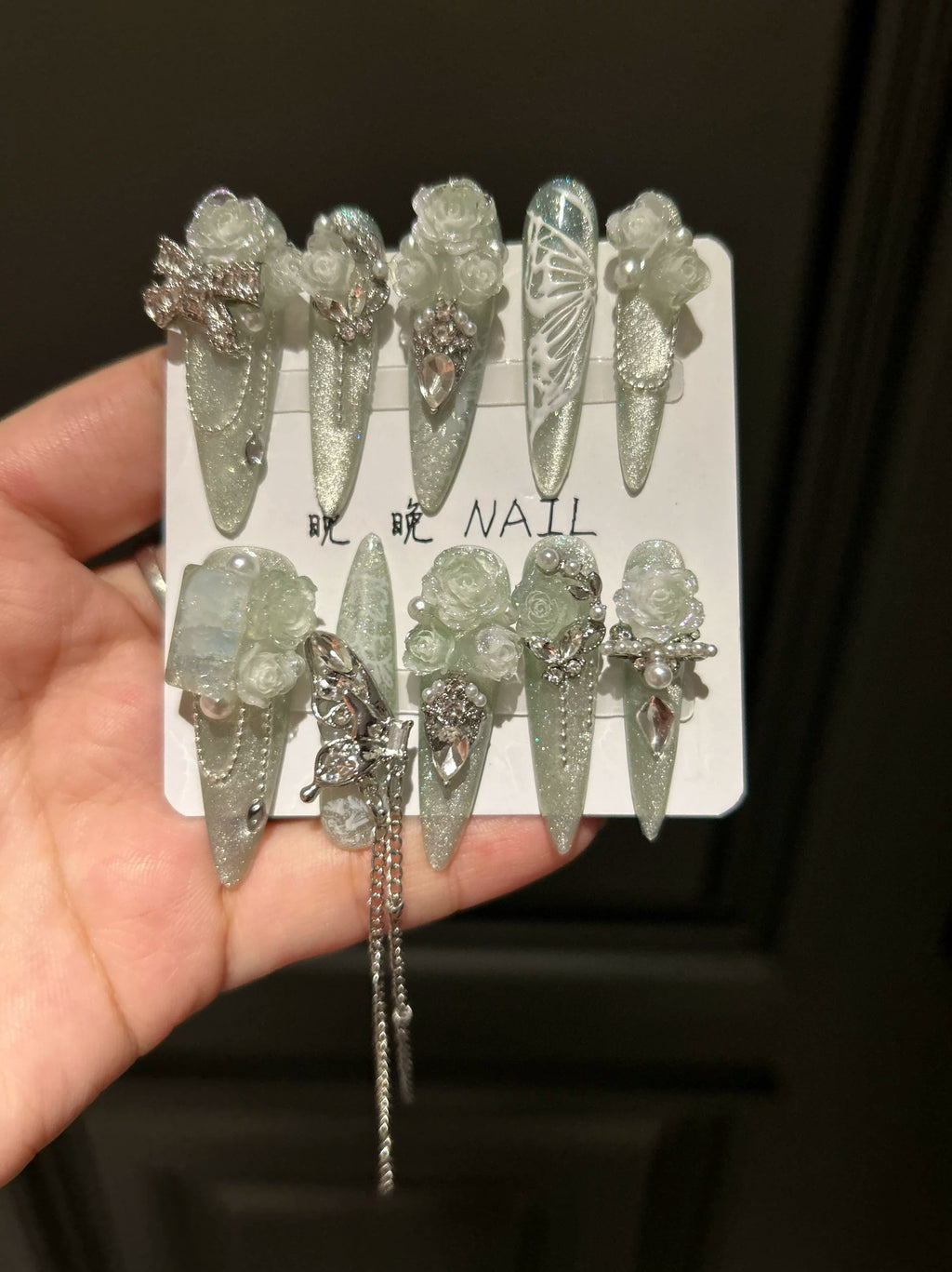 Hand-painted butterfly cat eye handmade custom nail art - luxury full diamond long teardrop press-on nails