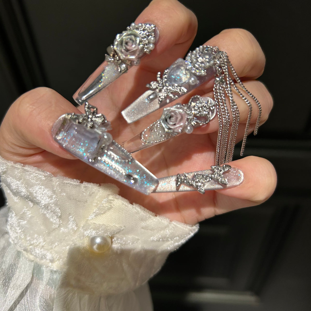 Handmade press-on nails with glitter sand effect, whitening, new high-end cat eye design