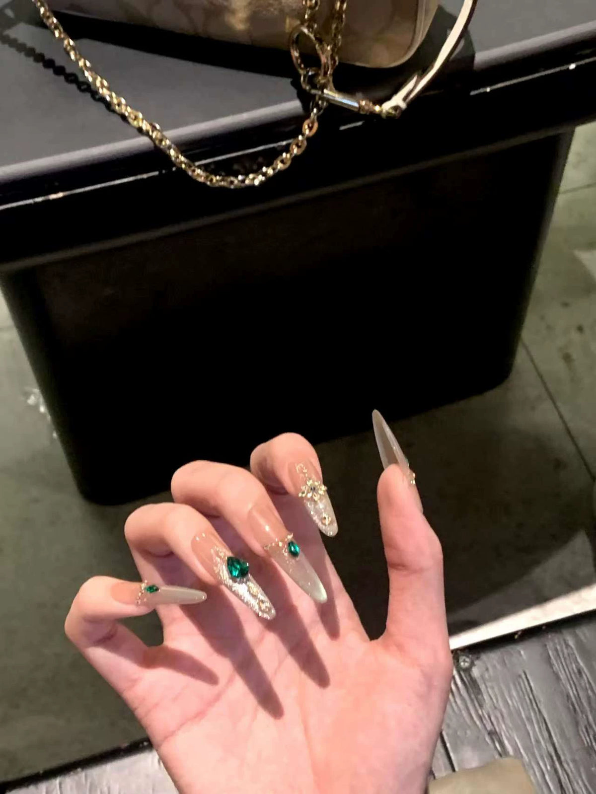 Handmade press-on nails - summer mid-length cat eye, luxe retro, elegant, and flattering white gel nail tips