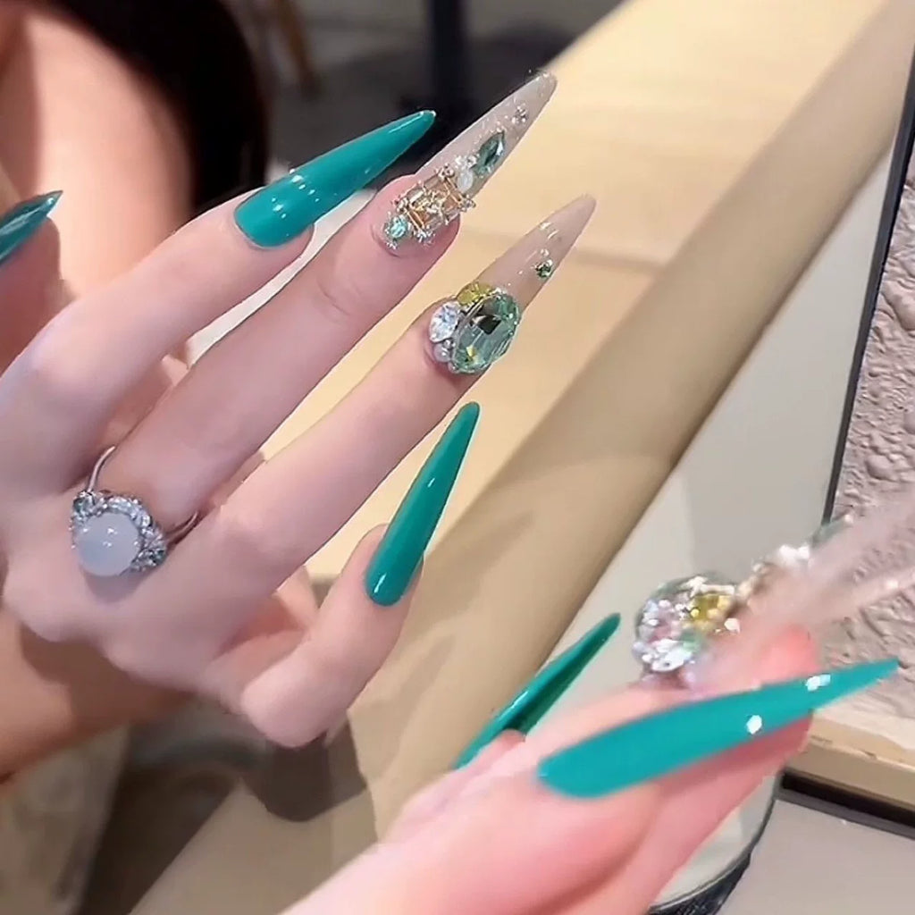 Handmade press-on nails - peacock blue with rhinestone accents, gentle & flattering, removable nail stickers, long length, elegant & luxurious