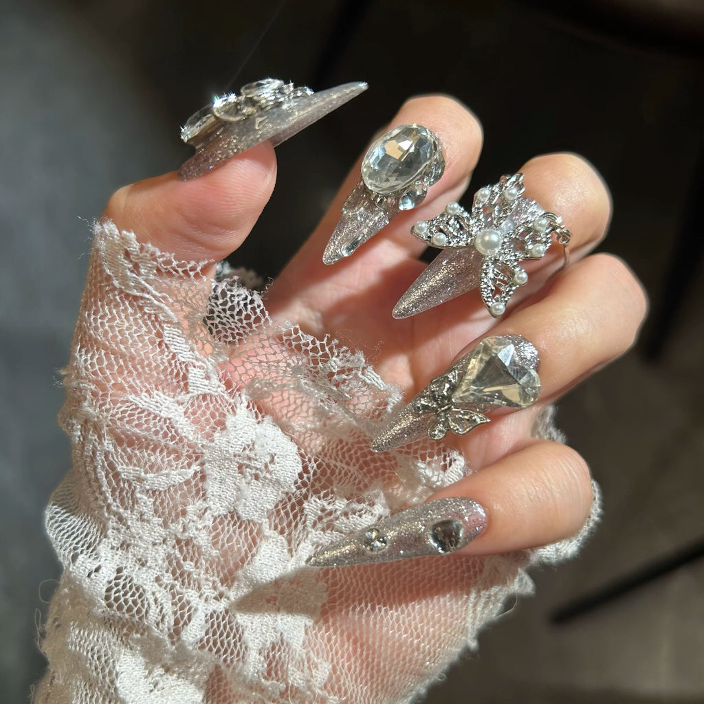 Purely handmade wear-on nails, sparkling bottom, handmade butterfly manicure, removable wear-on nails, new style, white, long style
