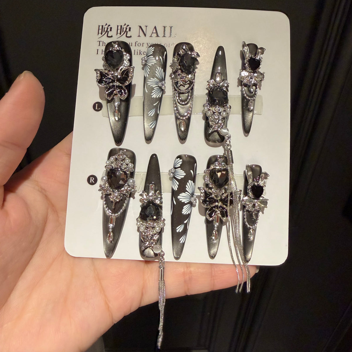 Handmade press-on cat eye nail art, long european and american style, heavily detailed dark goth press-on nails