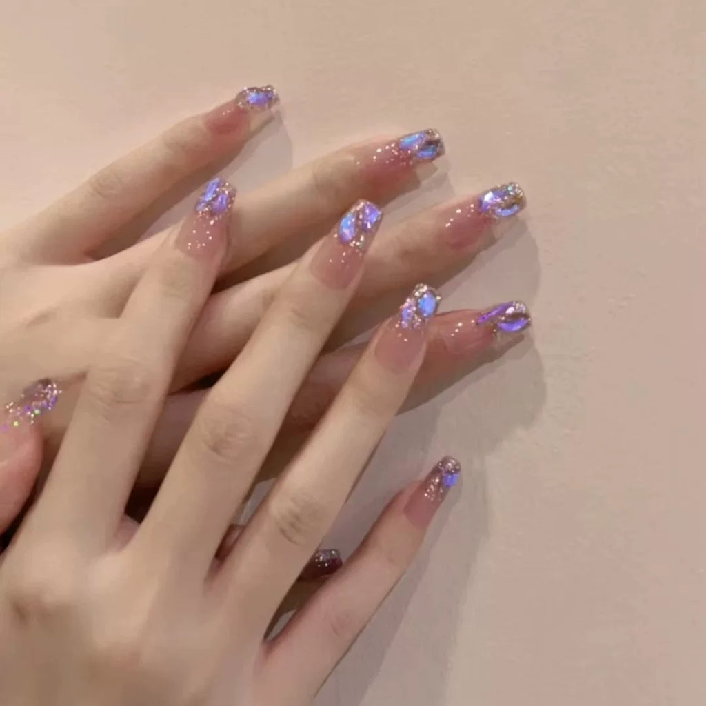 Handmade press-on nails: ethereal purple shimmer, dazzling aurora diamond, soft & flattering, ultra-fairy false nails