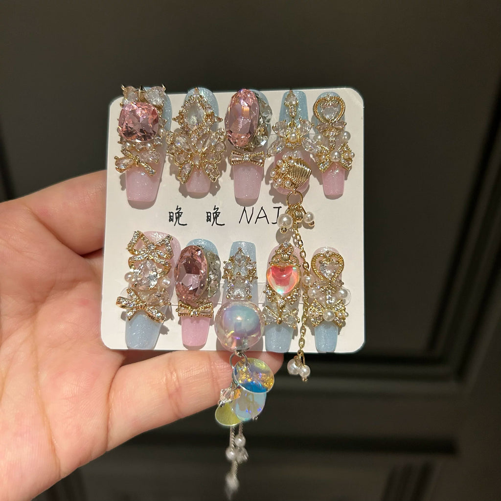 Handmade press-on nails, premium full zircon nail art accessories, dongzhou diamond luxury nail art, high-end style