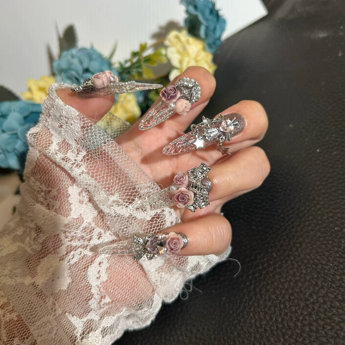 Handmade press-on nails: premium rose & rhinestone nail art, ready-to-wear, removable, crystal glaze finish