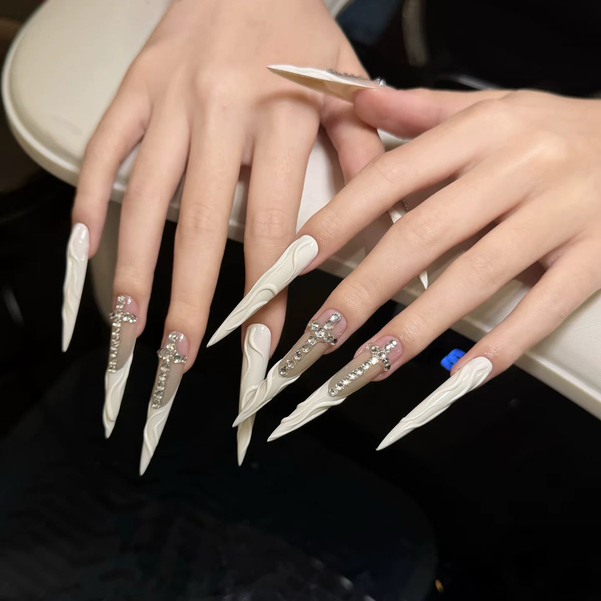 Handmade custom irregular water ripple hot girl pointed tip press-on nails with cross and crushed diamond accents - luxurious and flattering