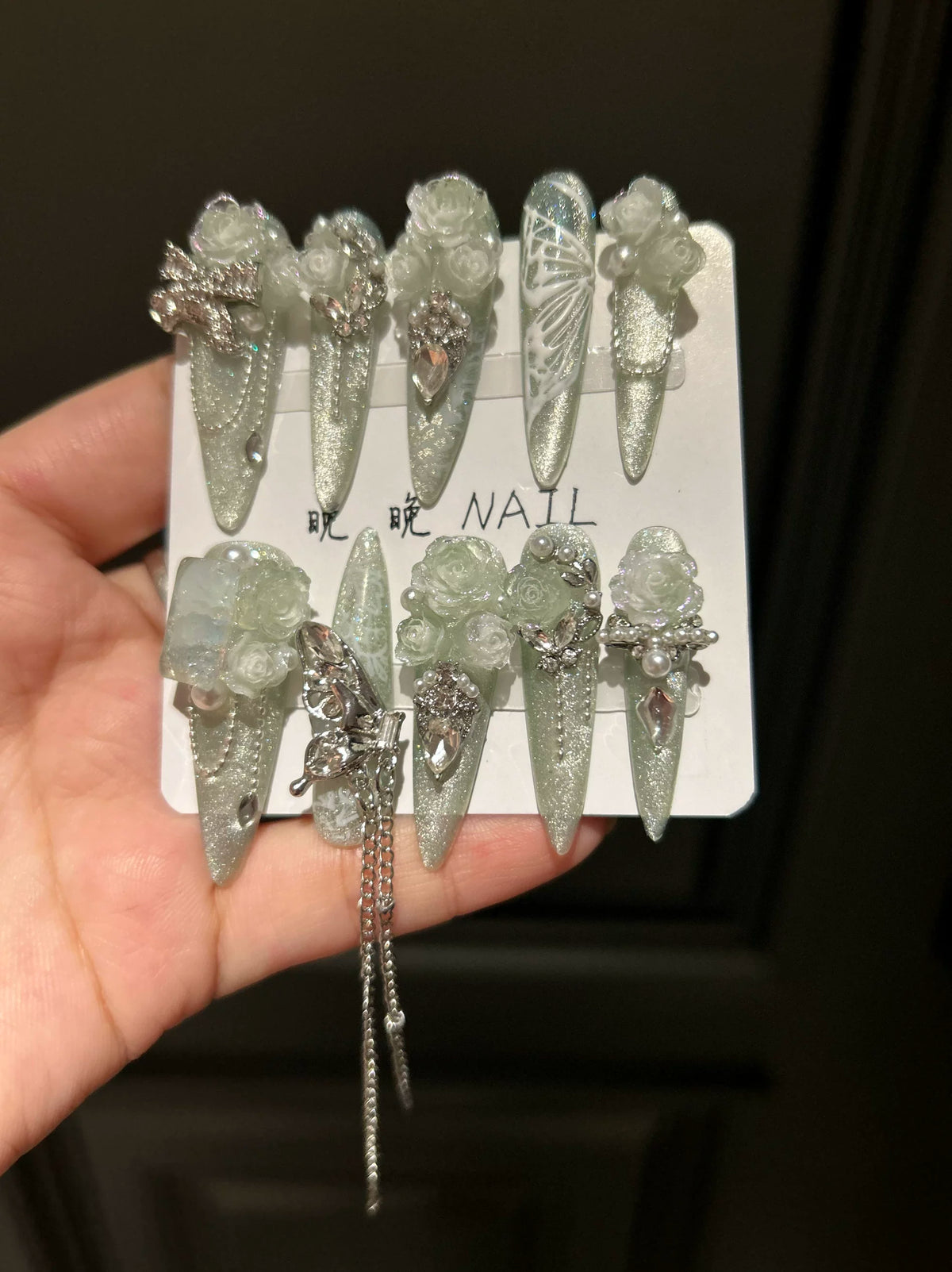 Hand-painted butterfly cat eye handmade custom nail art - luxury full diamond long teardrop press-on nails