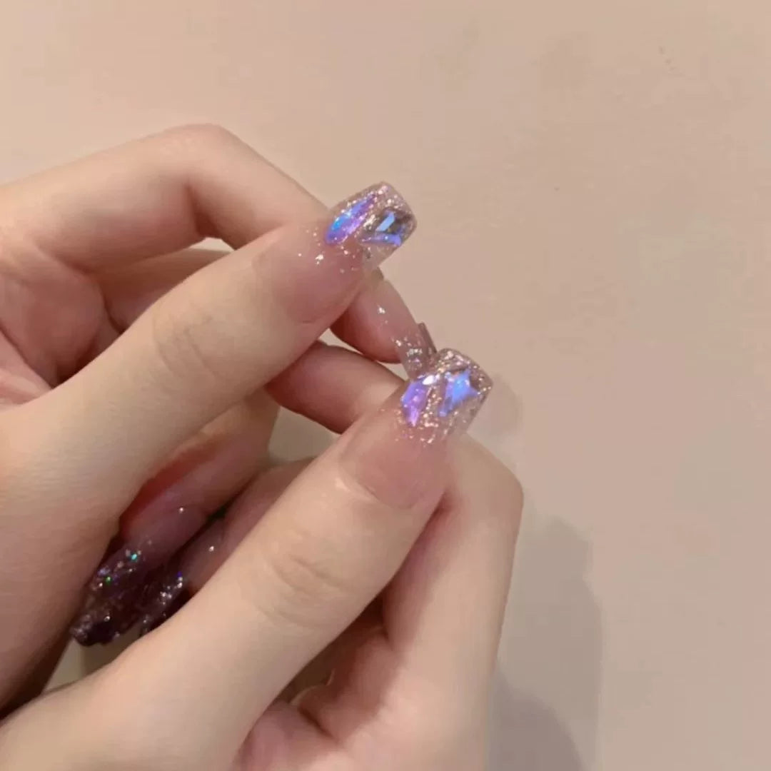Handmade press-on nails: ethereal purple shimmer, dazzling aurora diamond, soft & flattering, ultra-fairy false nails