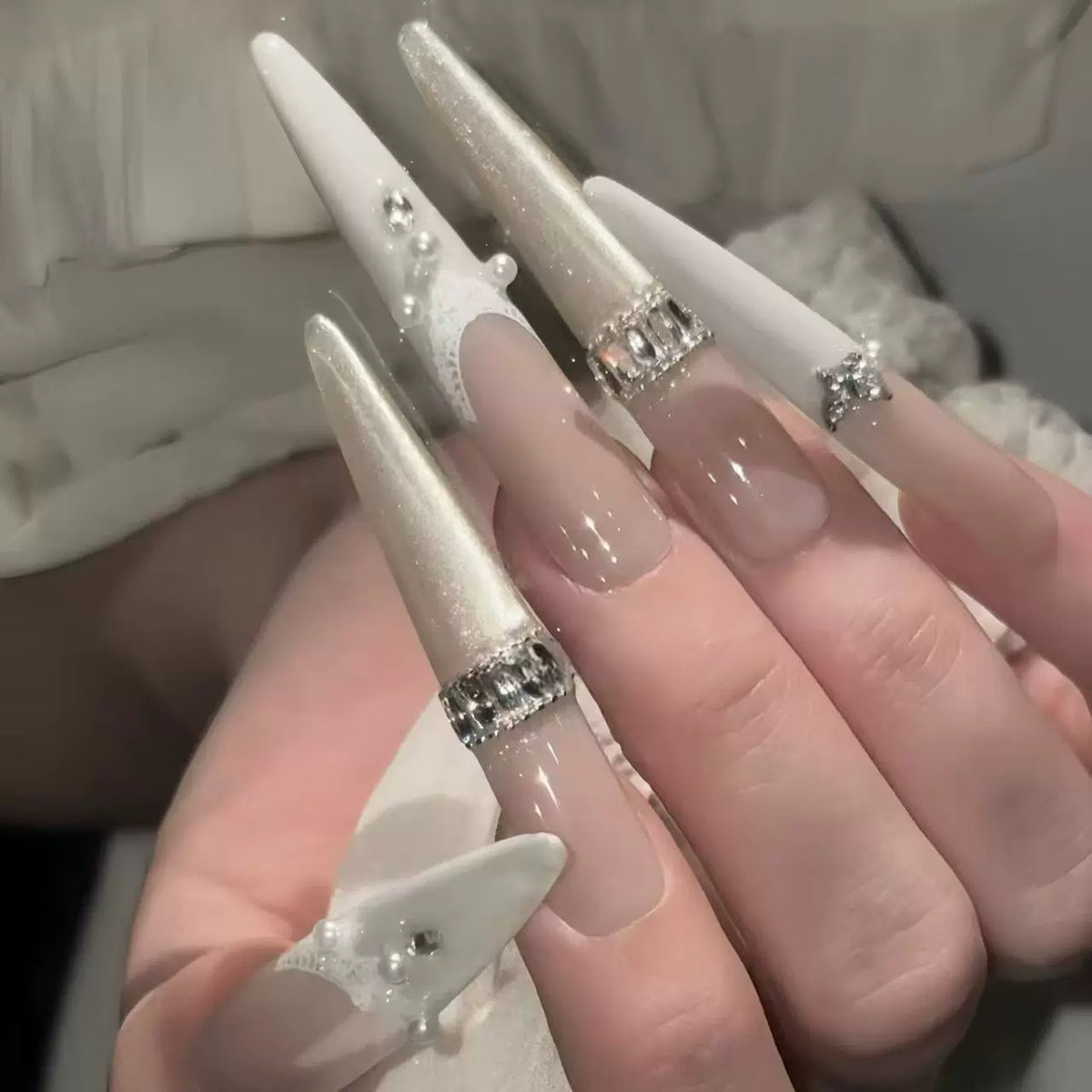 French Pure Desire Wind Premium Pearl Diamond Temperament Bridal Nail Pure Handmade Nail Art Wear Nail