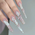 Handmade custom press-on nails: new, sweet & girly pink french bow long length, whitening, new nail art stickers