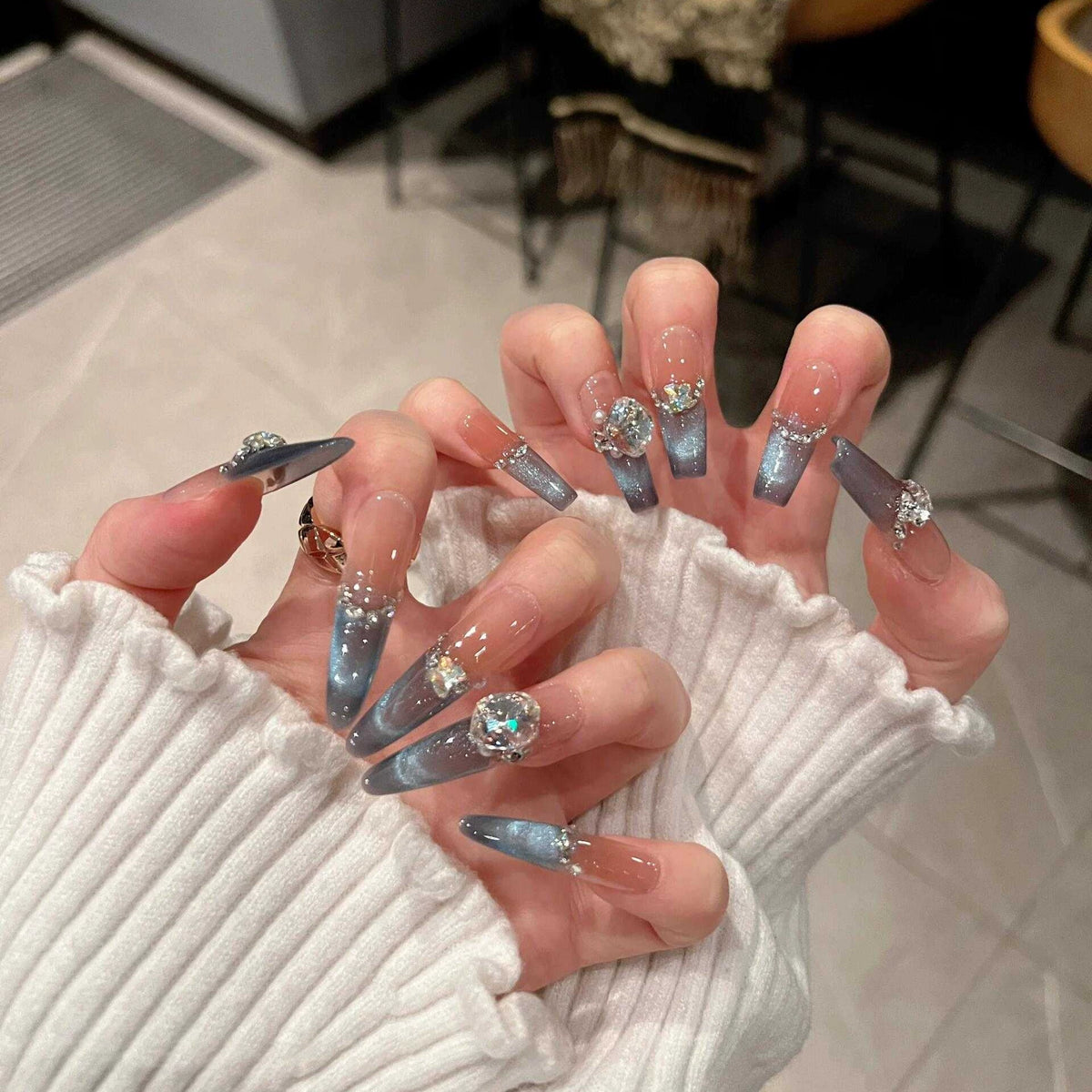 Spring new arrivals: dreamy ocean blue smiling french cat eye premium handmade press-on nails