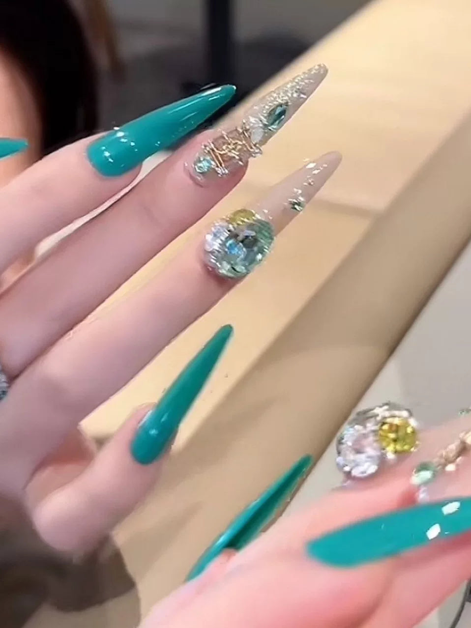 Handmade press-on nails - peacock blue with rhinestone accents, gentle & flattering, removable nail stickers, long length, elegant & luxurious