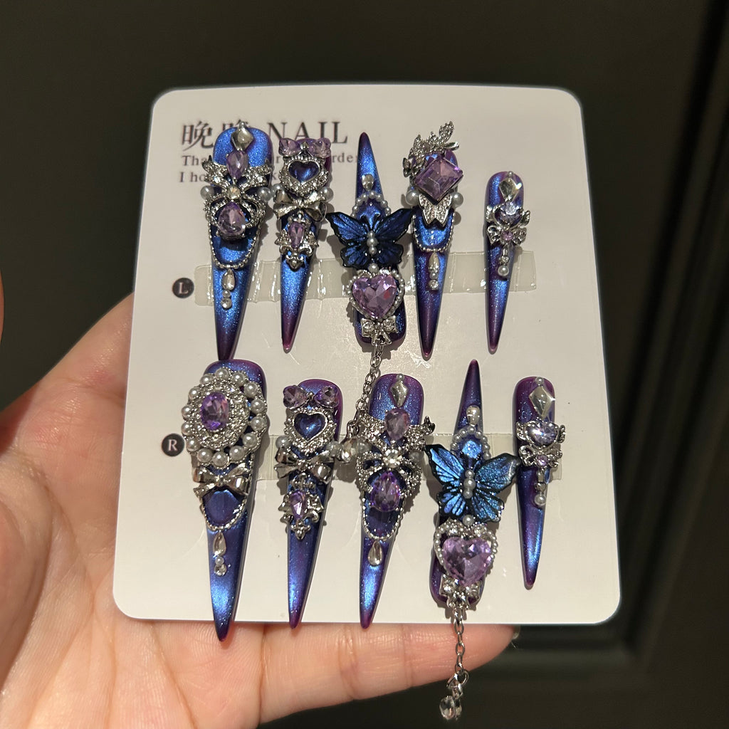 Halloween handmade press-on nails: premium purple cat eye manicure, whitening, exquisite luxury false nail stickers