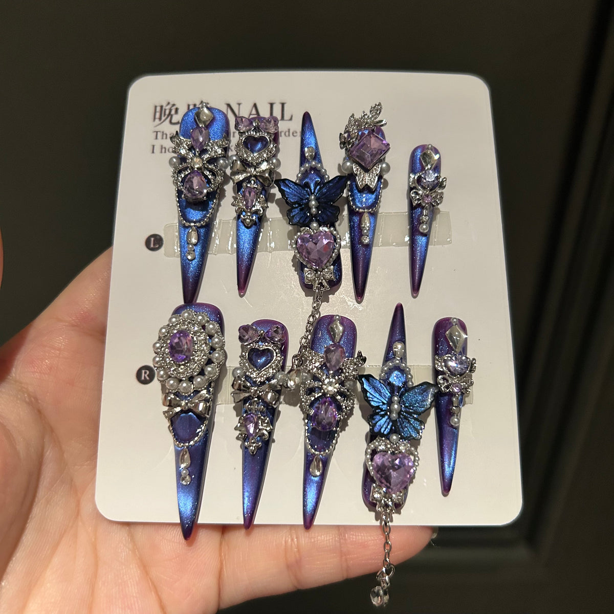 Halloween handmade press-on nails: premium purple cat eye manicure, whitening, exquisite luxury false nail stickers