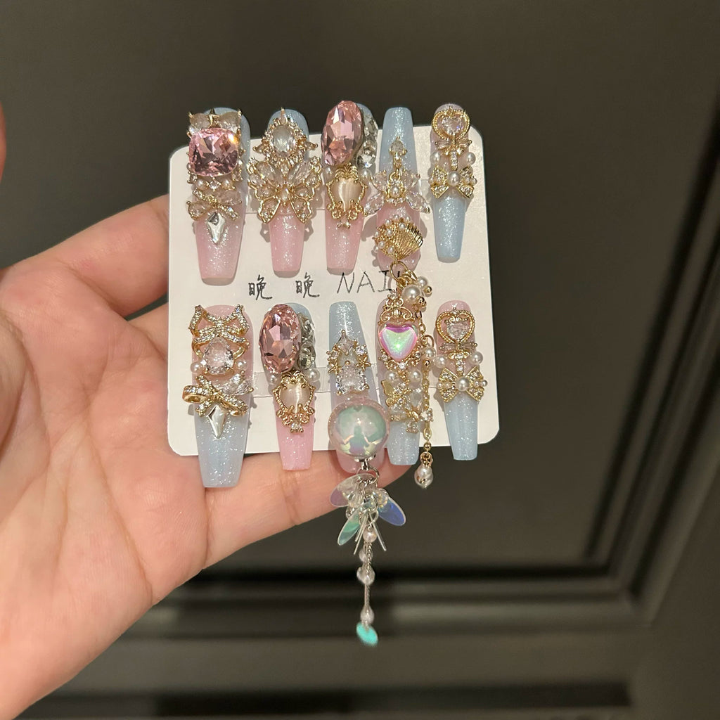 Handmade press-on nails, premium full zircon nail art accessories, dongzhou diamond luxury nail art, high-end style