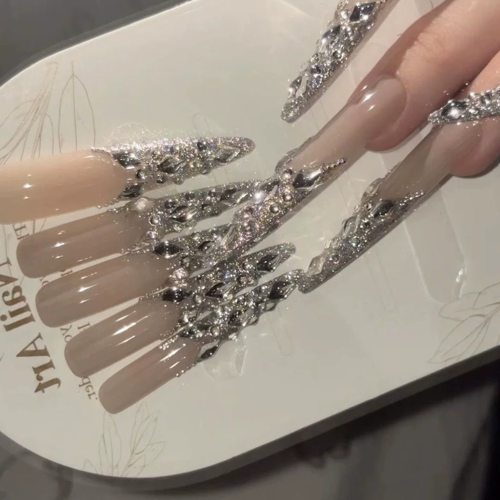 Pure handmade full-diamond French daughter gold flash nails removable wedding nail light luxury whitening advanced nail art wearing temperament