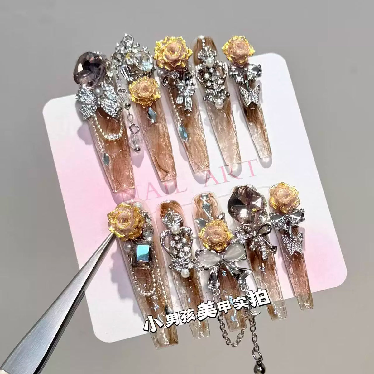 Dry roses, glass, broken ice, sparkling luxury big diamond chain, purely hand-worn armor removable patch
