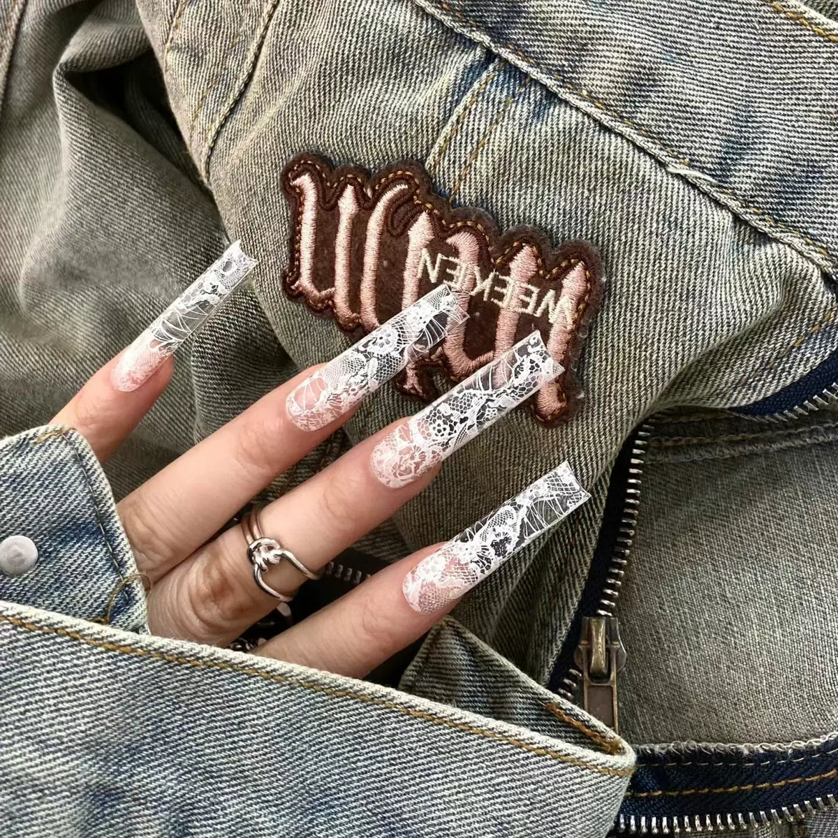 Pure hand-worn nail customization finished product, wearable nail art, European and American air duct square lace, pure desire design sense
