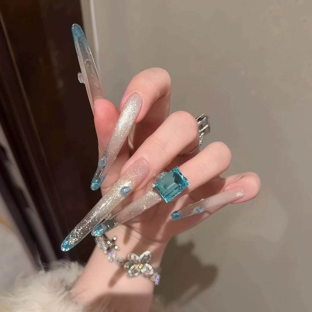 High-luxury peacock blue full-flower diamonds flash cat's eye French wedding nail pure handmade nail wear nail