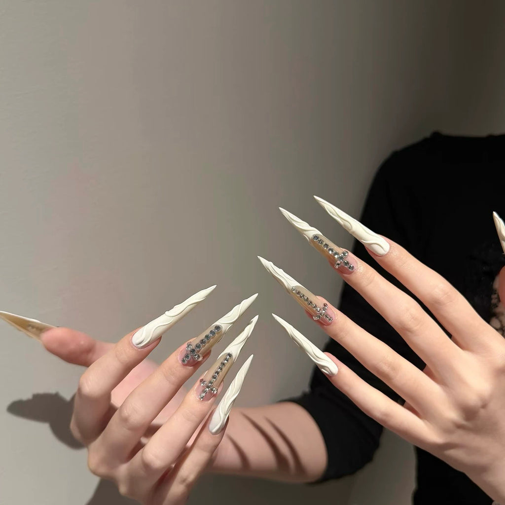 Handmade custom irregular water ripple hot girl pointed tip press-on nails with cross and crushed diamond accents - luxurious and flattering