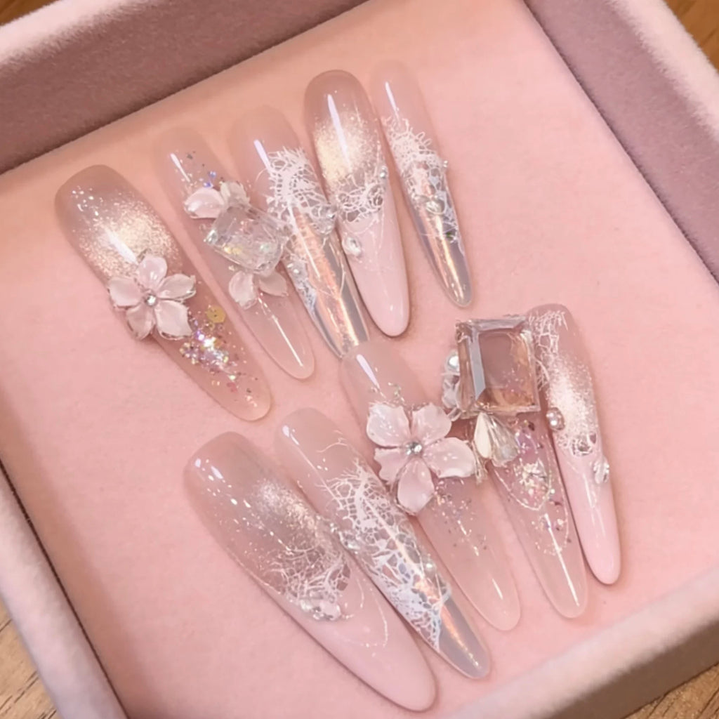 Premium pure handmade wearing nail cat's eye five-petaled flower nail art is simple and pure to show white naked pink long carving