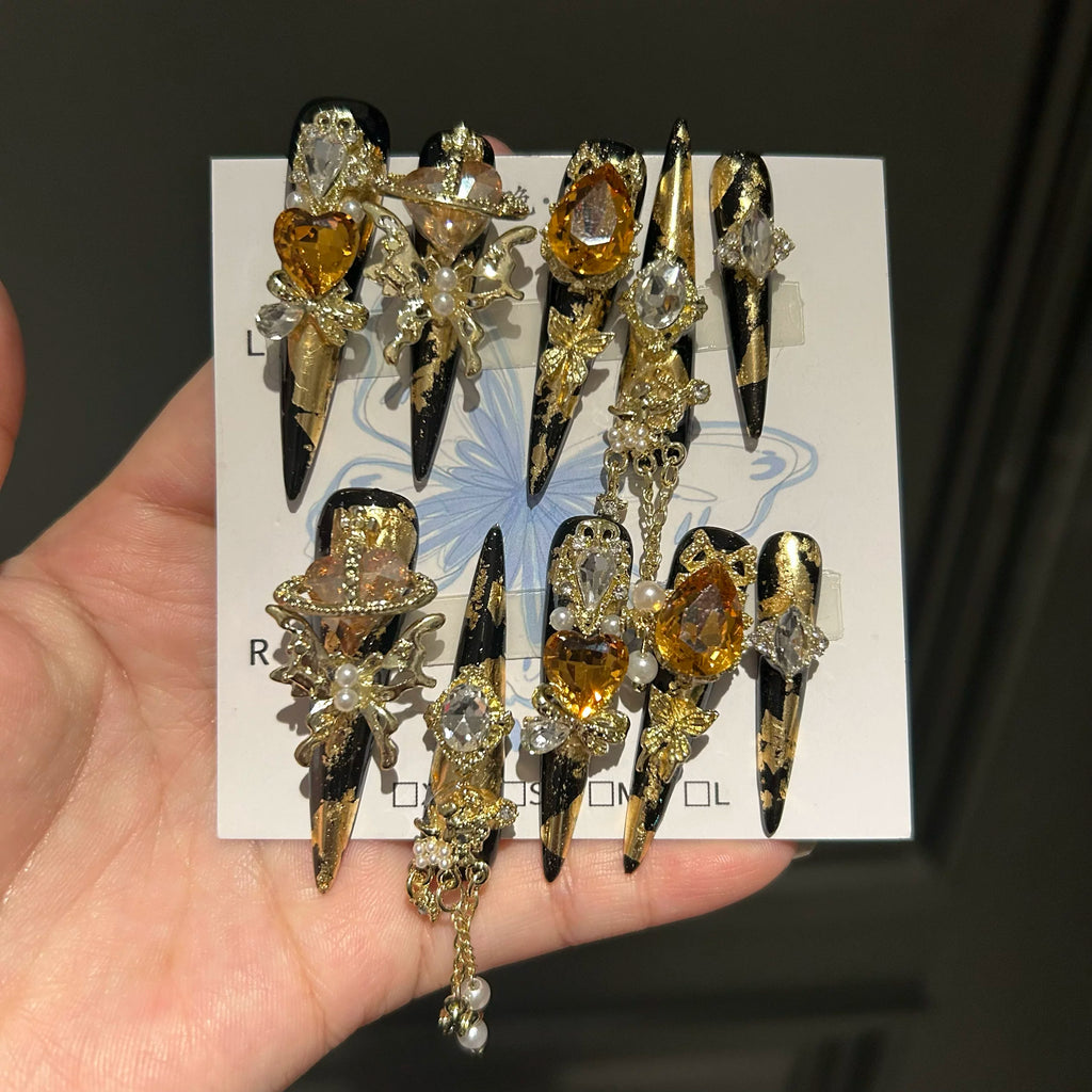 Gold 5.0 handmade press-on nails, premium luxury nail art, extra-long handcrafted nail extensions