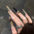 Handmade press-on nails: premium new year gold glitter cat eye long nails, hand-painted gold flower magic mirror, removable press-ons