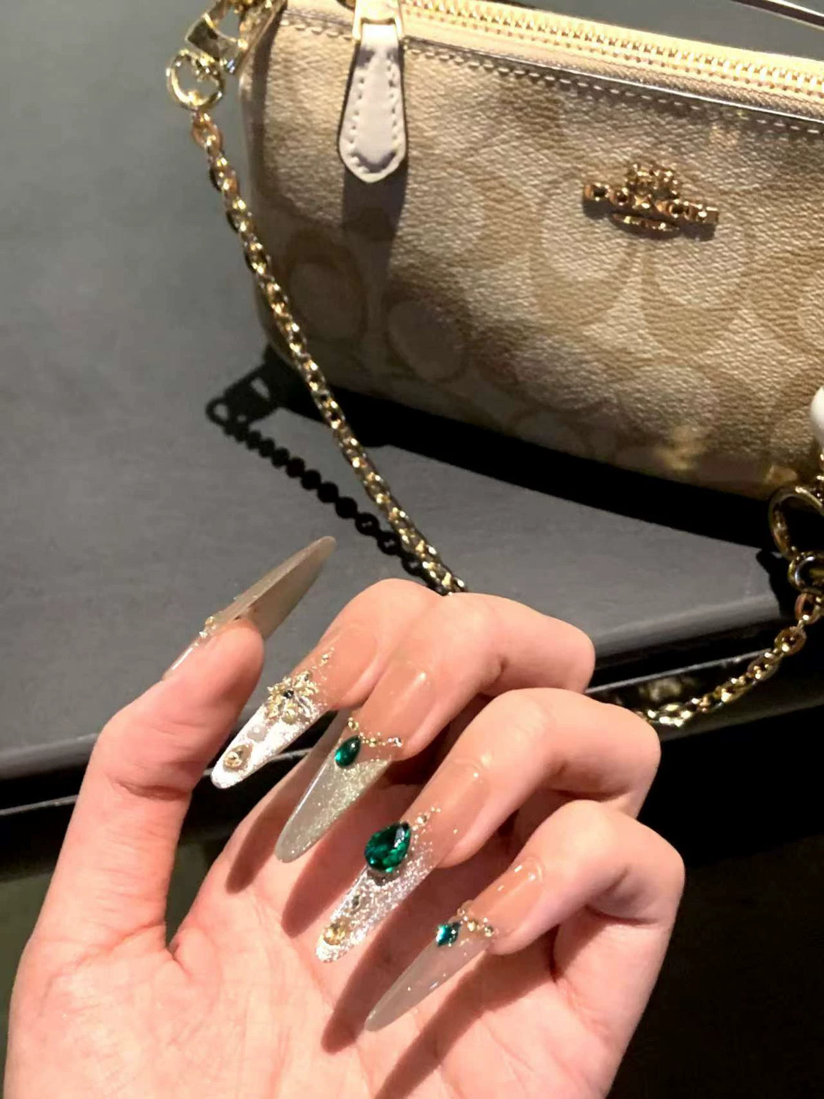 Handmade press-on nails - summer mid-length cat eye, luxe retro, elegant, and flattering white gel nail tips