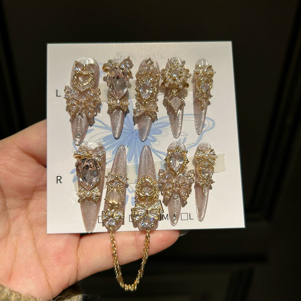 Purely handmade armor with full hands and full zirconium dongzhou diamond elegant luxury niche stylelong style handmade manicure